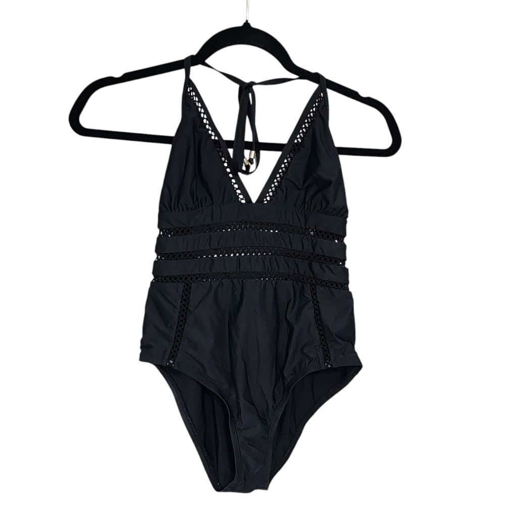 Ella Moss Swimsuit M 1 Pc Black Tie Neck Mesh Panels